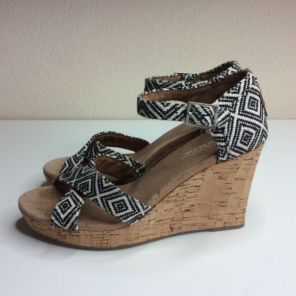 Toms Cork Wedge High Heels Black White Peep Toe
